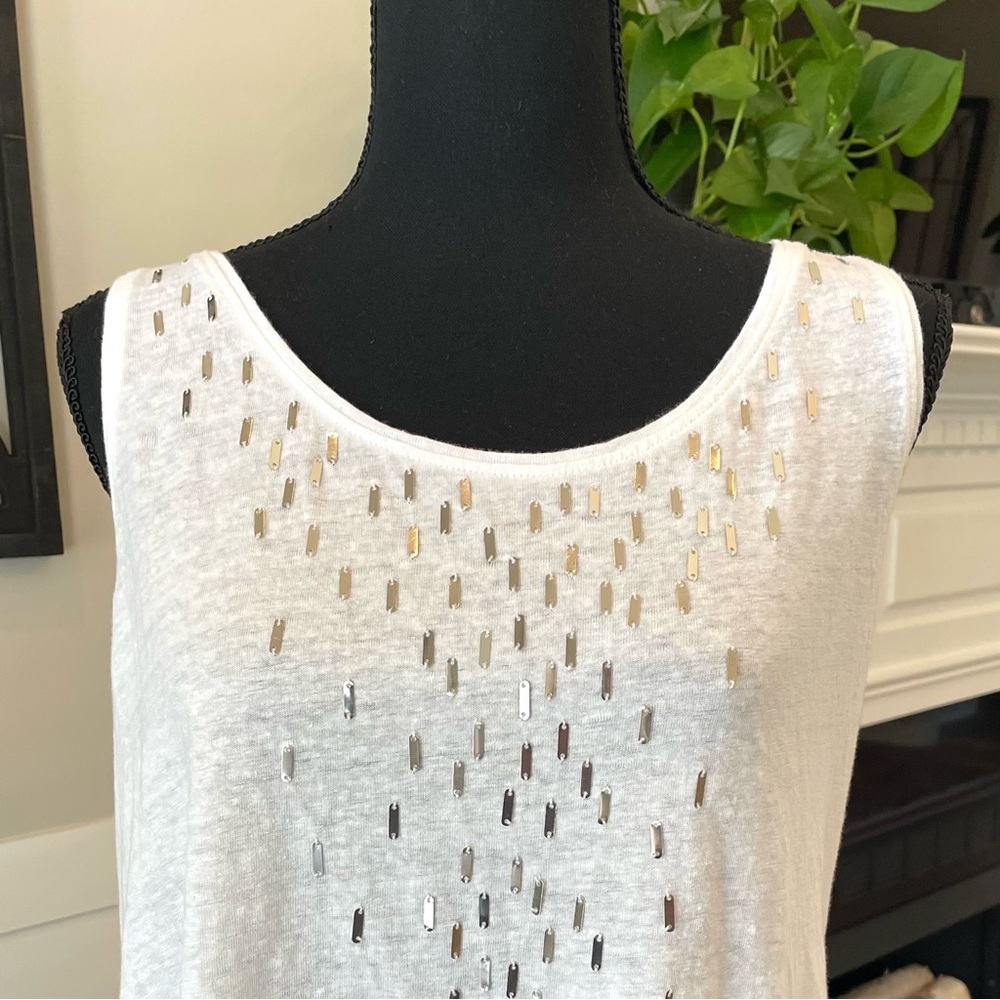 Eileen Fisher Size Medium White‎ Linen Scoop Neck Sleeveless Top Silver Sequins